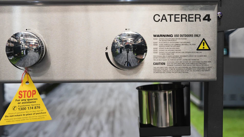 Gasmate Caterer Flat Plate 4 Burner BBQ knobs