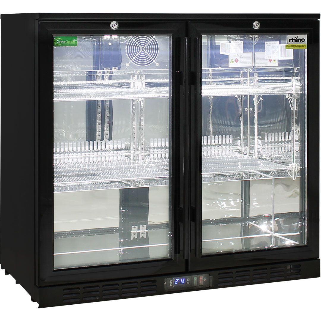 RHINO LG Compressor Alfresco Glass heated Door 208L Black Bar Fridge SG2H-B-HD