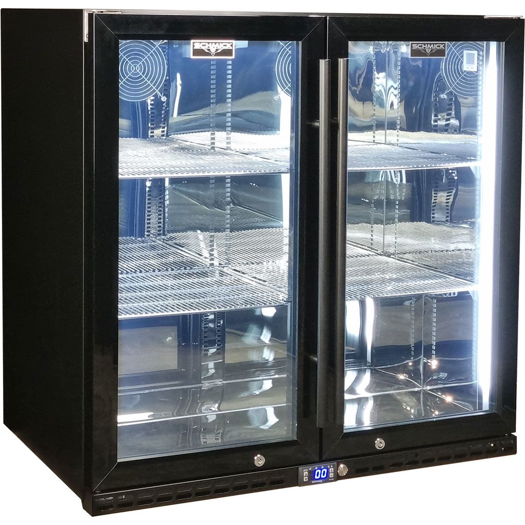 Schmick Black Quiet Running Front Venting Under Bench Triple Glazed 2 Door Bar Fridge Model SK245-B-HD