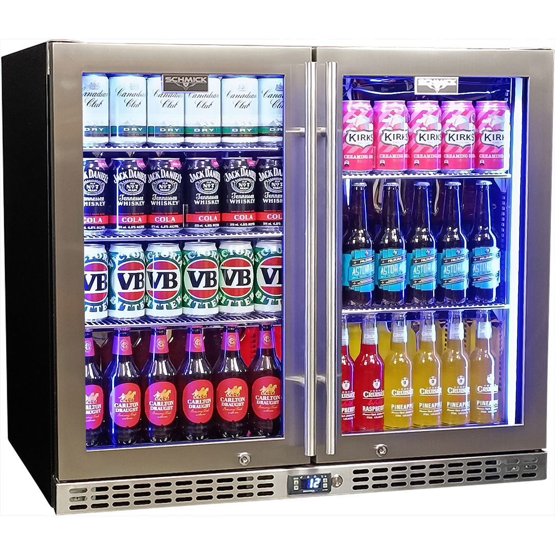 Schmick 233 Litre Twin Triple Glazed Glass Door Low Height Stainless Steel Bar Fridge - SK206-SS