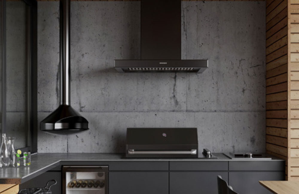 Sirius Black Drop-in 5 Burner Gas BBQ and Sirius Black finish 1200mm BBQ Canopy Rangehood