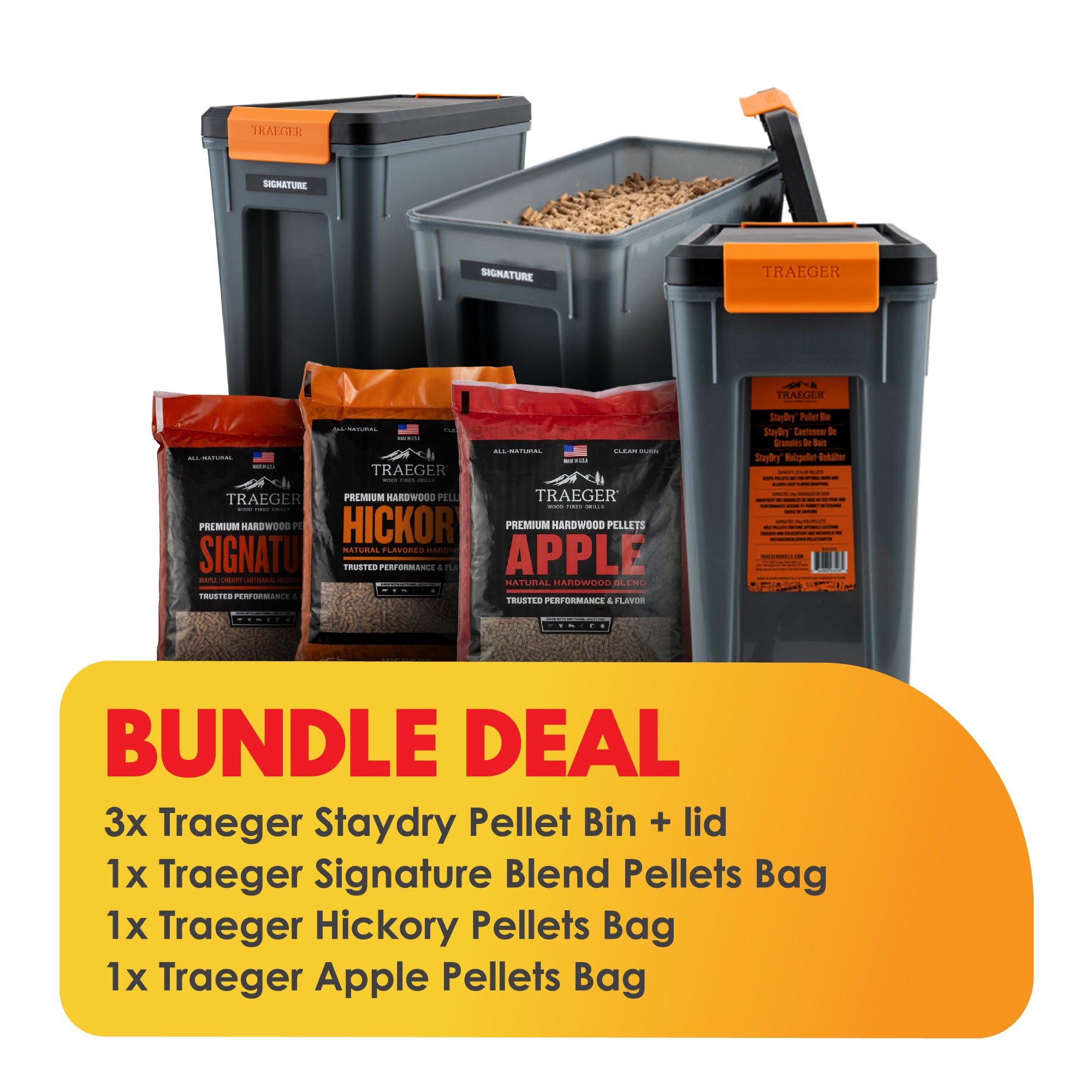 Traeger Staydry Pellet Bin, Lid and 9kg Pellets Bags Bundle