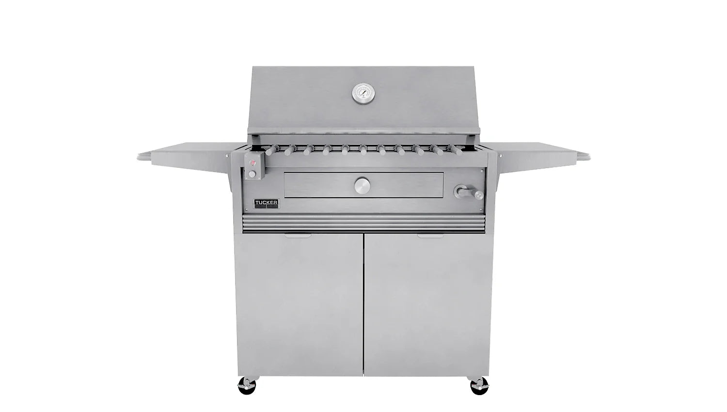 Tucker Charcoal Deluxe Pro BBQ on Cabinet with Roasting Hood