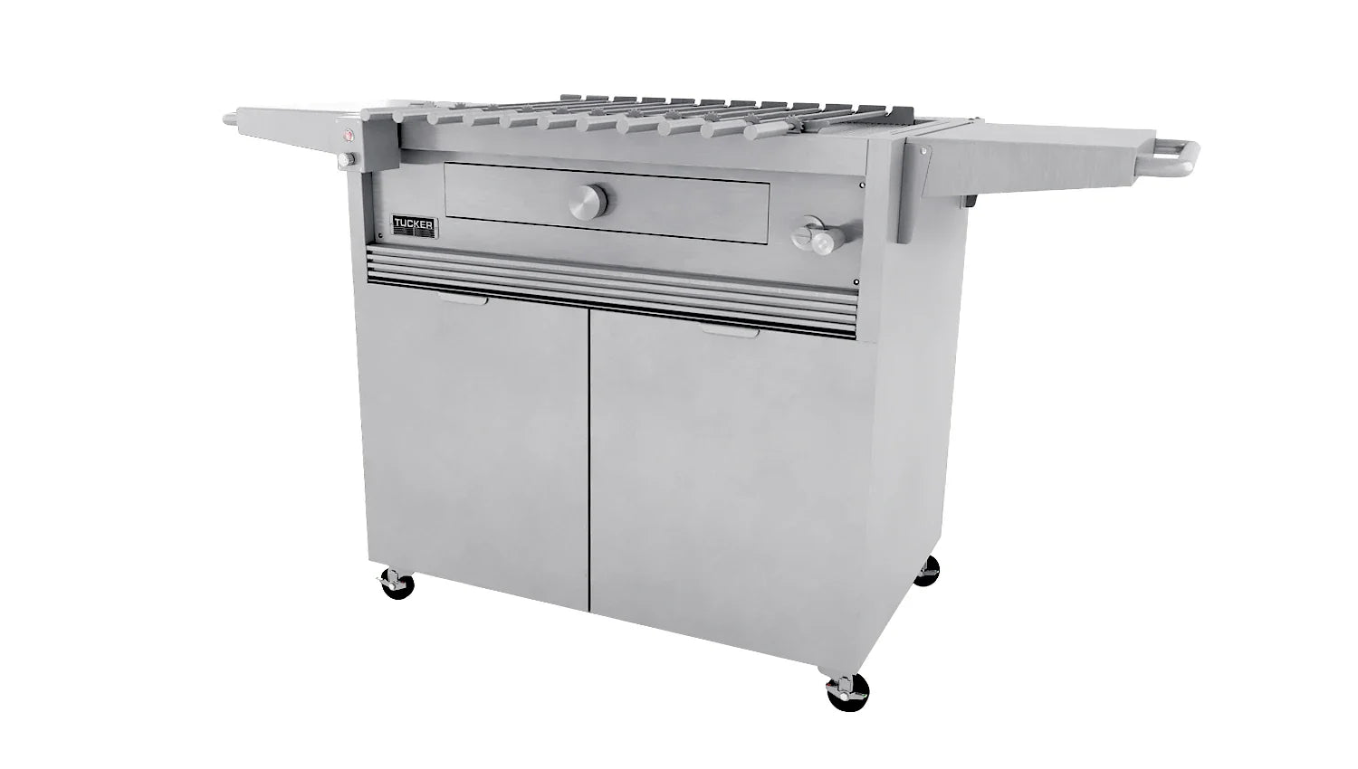Tucker Charcoal Deluxe Pro BBQ on Cabinet with Roasting Hood