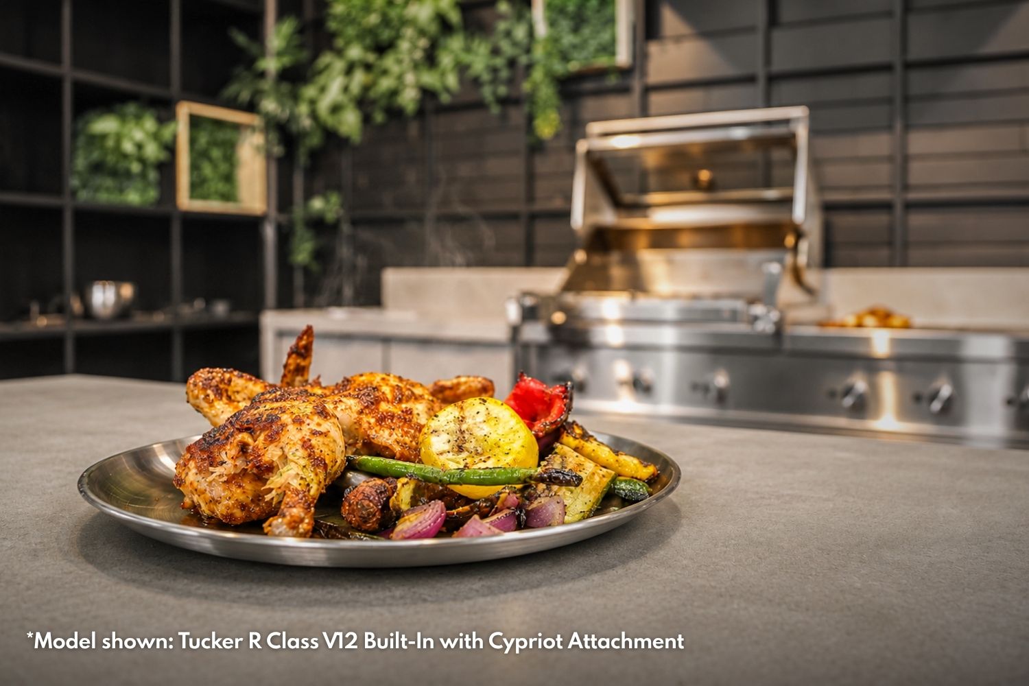 Rotisserie roast chicken served with grilled vegetables in front of a Tucker R Class BBQ