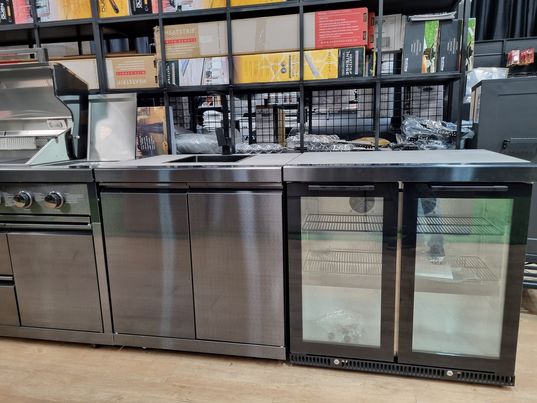Gasmate Nova Graphite Outdoor Kitchen 6 Burner BBQ with Double Door Fridge + Top and Storage