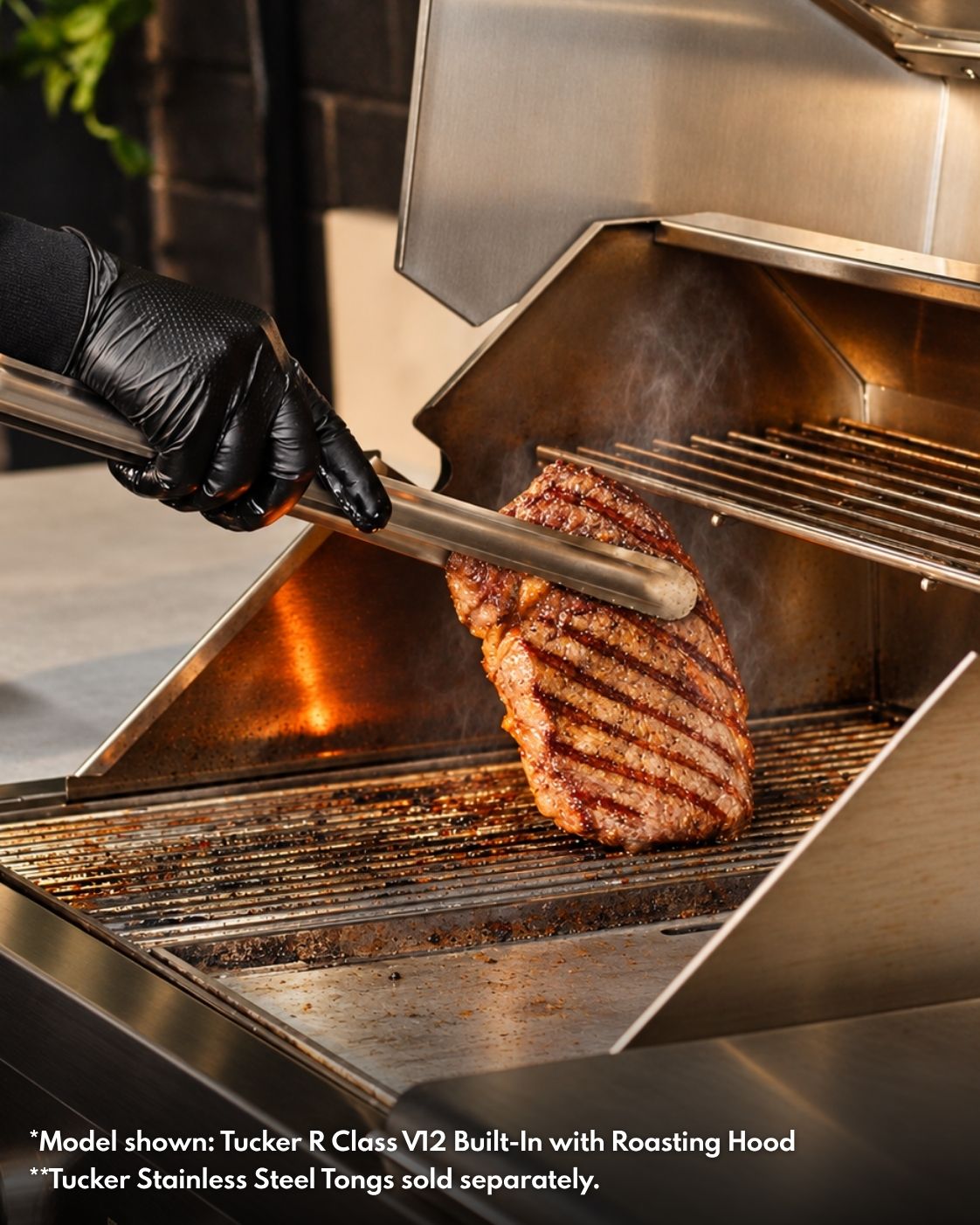 Steak with sear marks being turned with Tucker Stainless Steel Tongs on the Tucker R Class BBQ grill