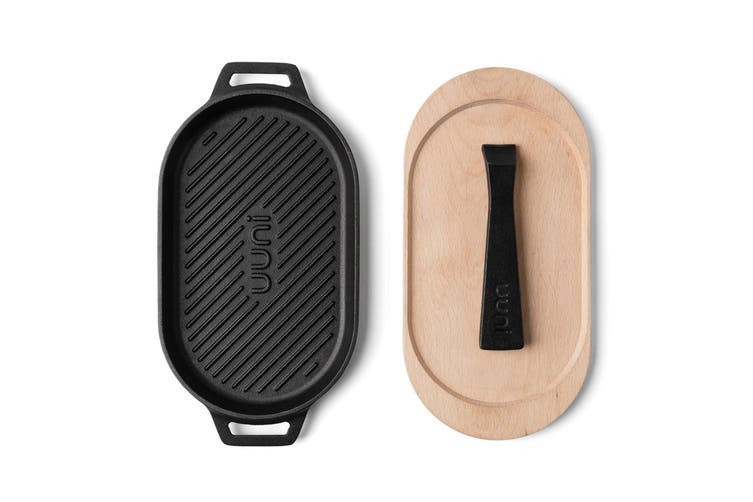 Ooni Cast Iron Grizzler Pan with Removable Handle & Thick Wooden Trivet - UU-P08D00