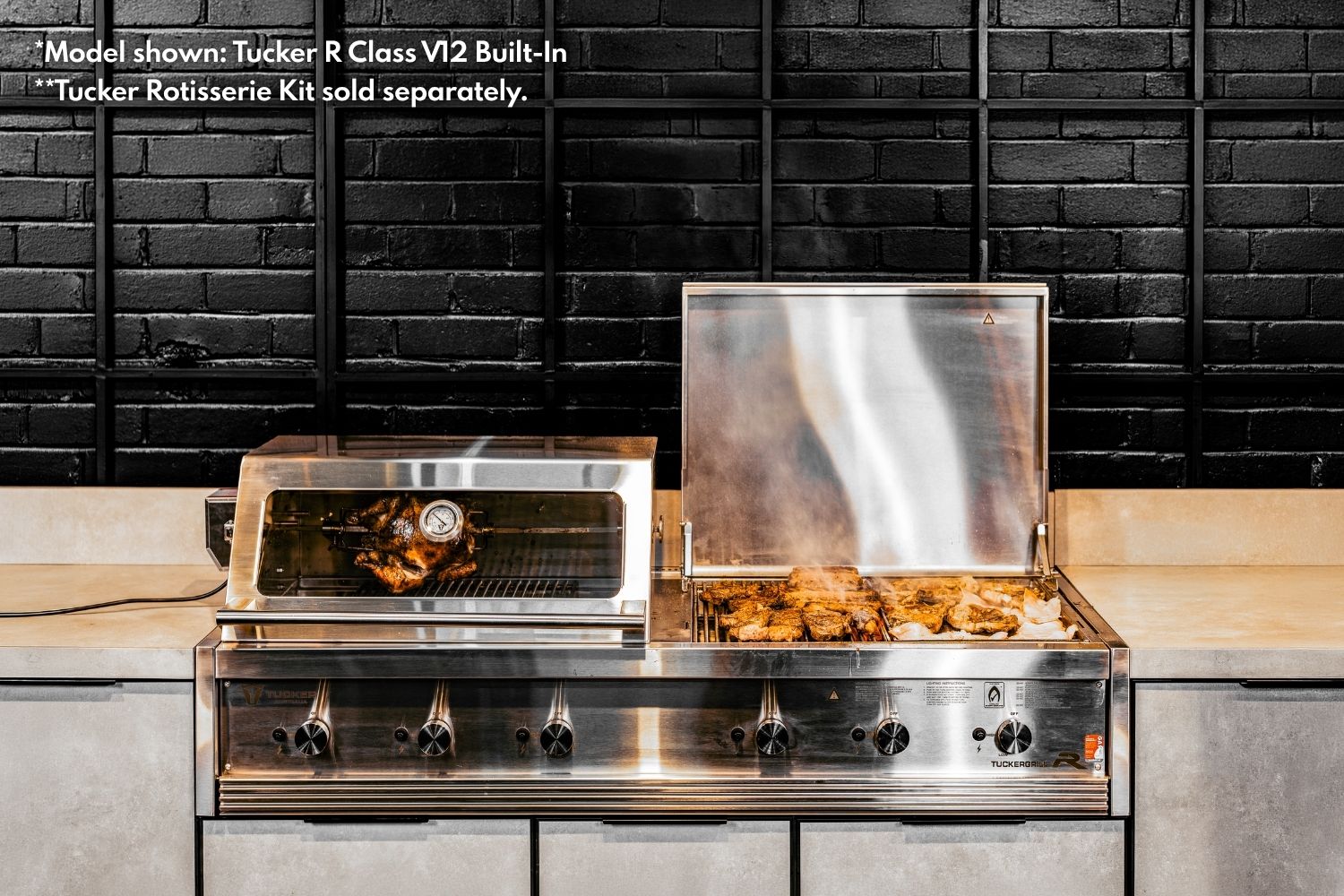 Tucker R Class V12 built-in BBQ cooking rotisserie chicken under a window hood and meat on the adjacent grill