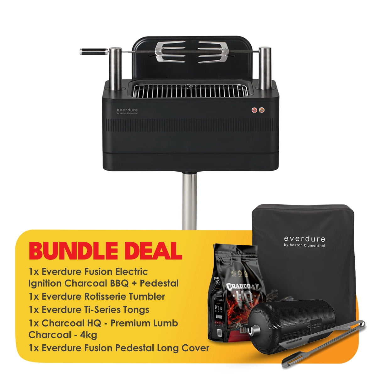 Everdure Heston Fusion Electric Ignition Charcoal BBQ (Black) With Pedestal Essential Bundle