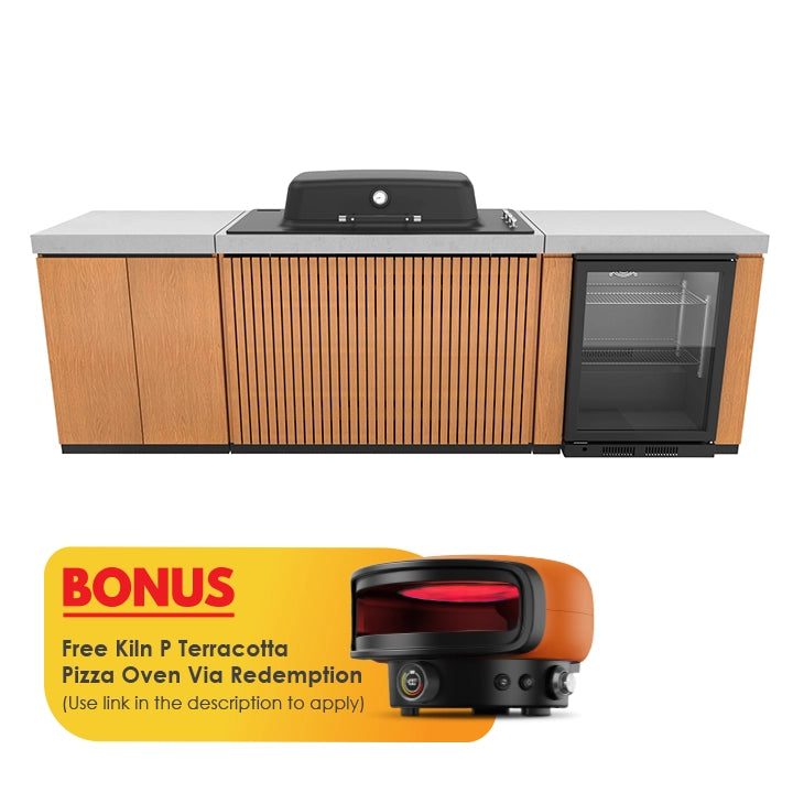 Everdure Seabreeze 3 Burner BBQ Timber Look Modular Outdoor Kitchen with Double Door Storage & Beverage Cooler