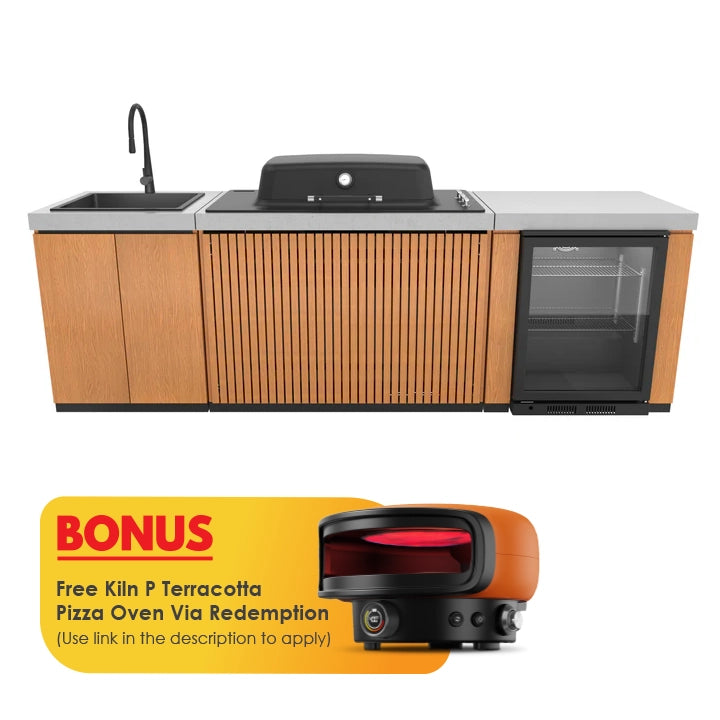 Everdure Seabreeze 3 Burner BBQ Timber Look Modular Outdoor Kitchen with Sink & Beverage Cooler