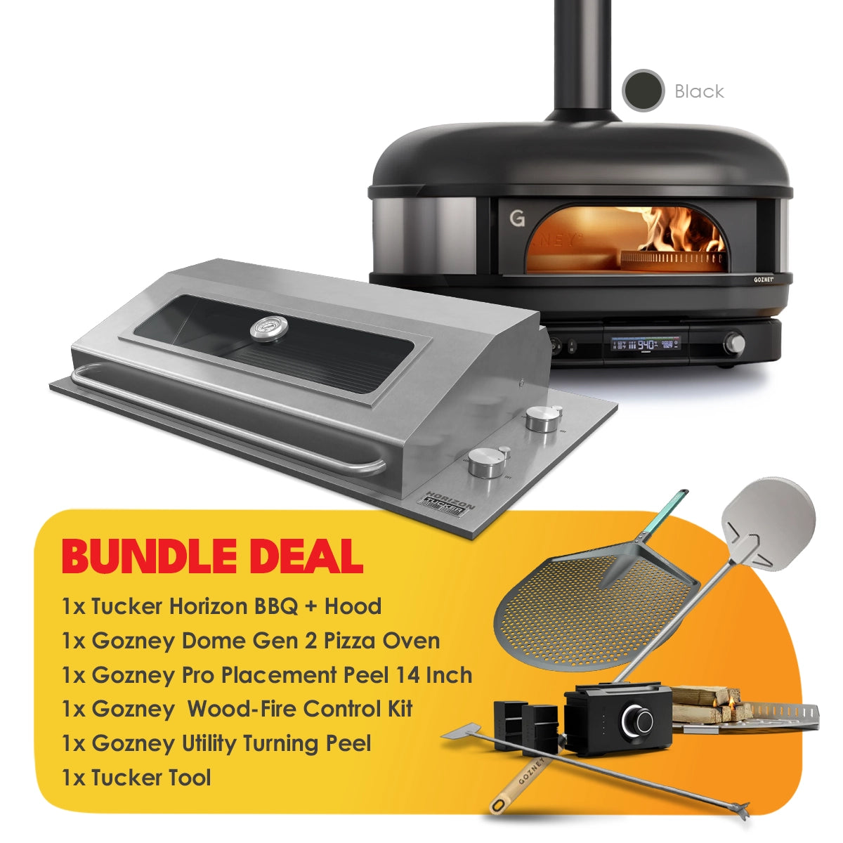 Tucker Horizon Marine Grade BBQ with Hood + Gozney Dome Black Pizza Oven and Accessories Package Deal (Propane)