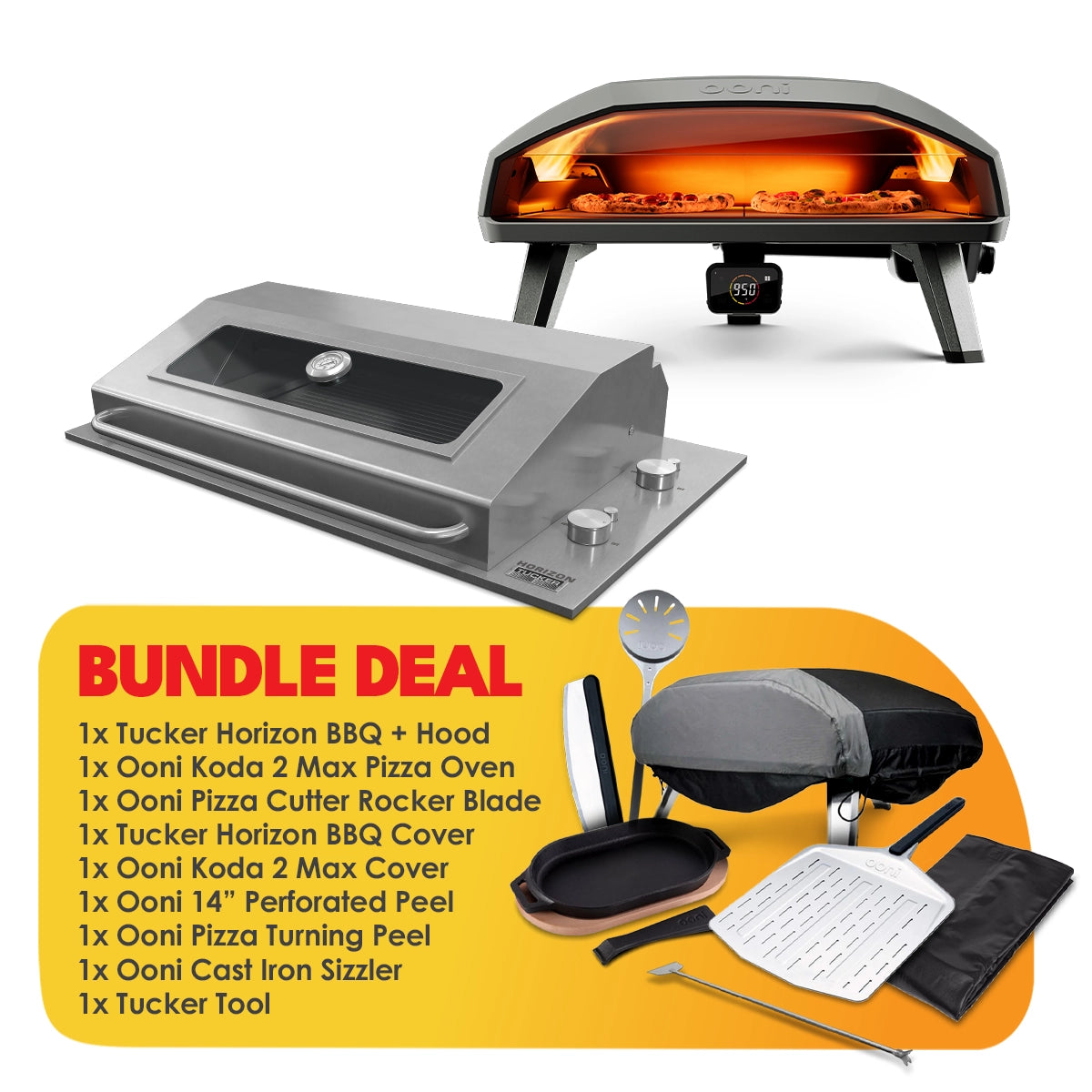 Tucker Horizon Marine Grade BBQ with Hood + Ooni Koda 2 Max Gas Pizza Oven and Accessories Package Deal