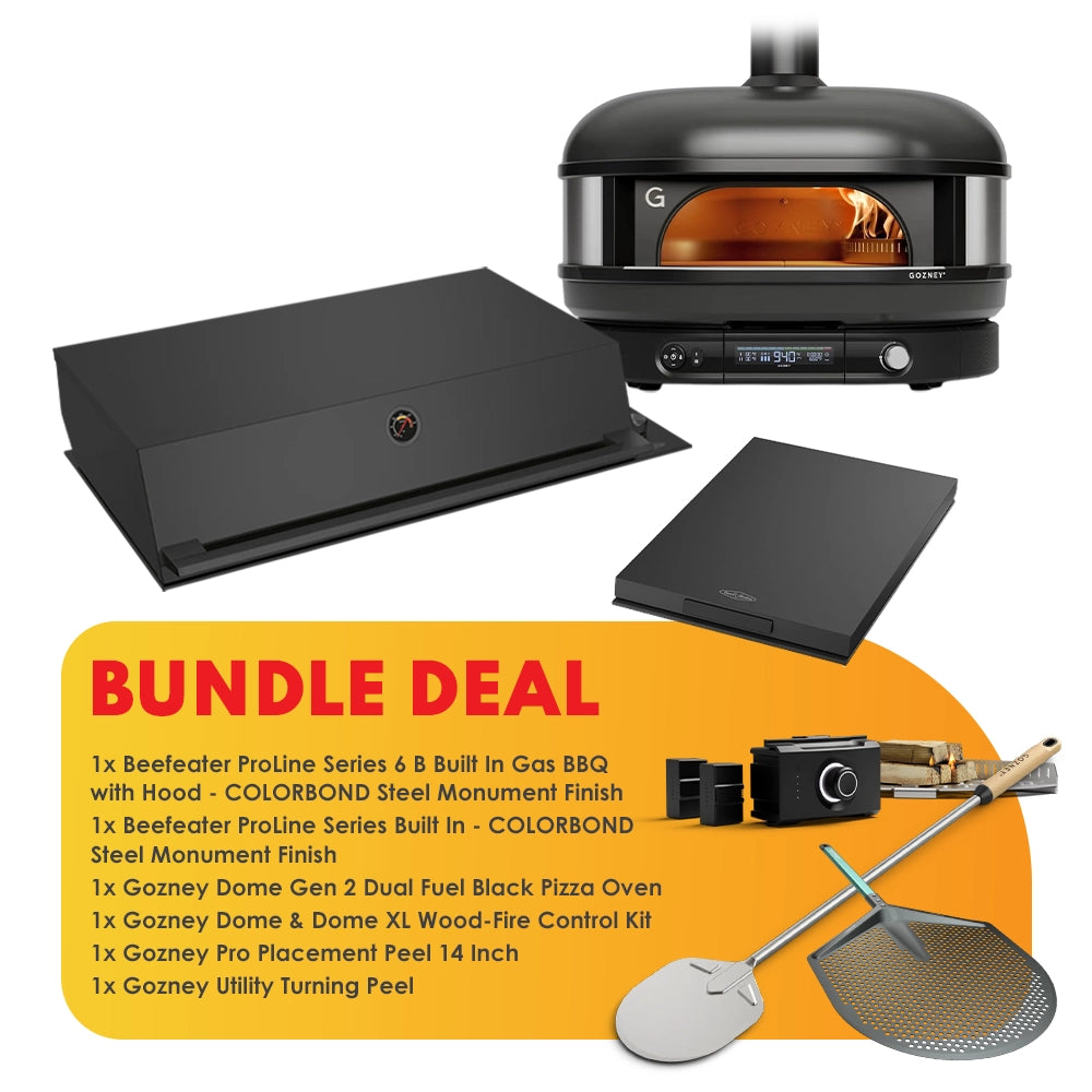 Beefeater Proline 6 Burner BBQ and Side Burner with Monument Finish and Gozney Dome Black Pizza Oven Package