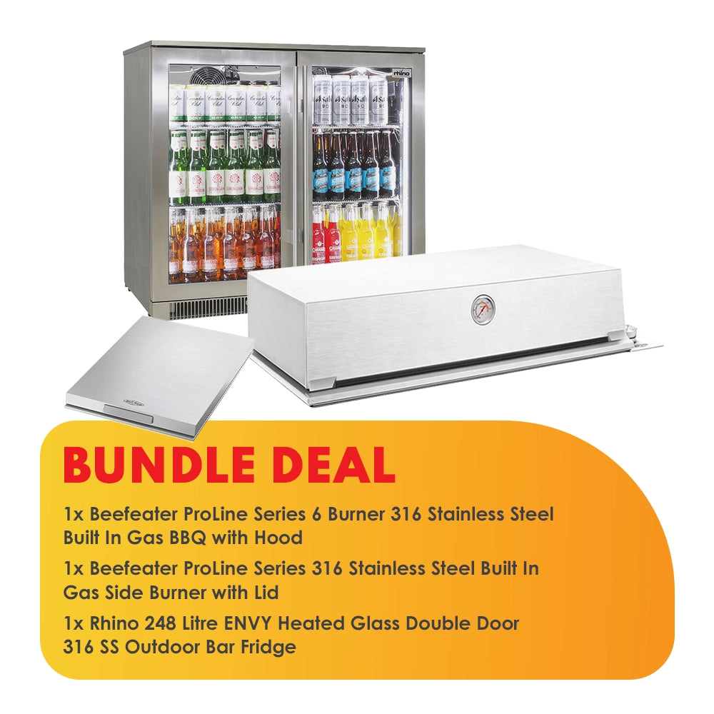 Beefeater Proline 316 Stainless Steel 6 Burner BBQ with Hood + Side Burner + Rhino 248 Litre ENVY Fridge - Bundle Deal