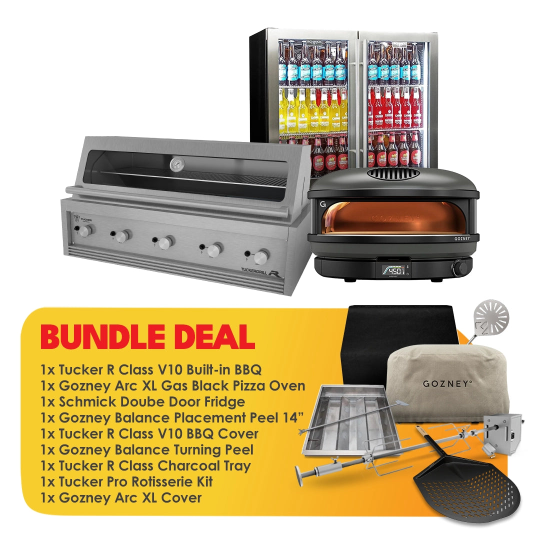 Tucker R Class V10 BBQ Built In BBQ + Gozney Arc XL Black Pizza Oven + Schmick Twin Heated Glass Door Bar Fridge Package Deal