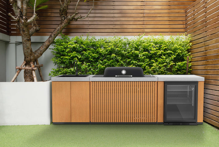Everdure Seabreeze 3 Burner BBQ Timber Look Modular Outdoor Kitchen with Sink & Beverage Cooler