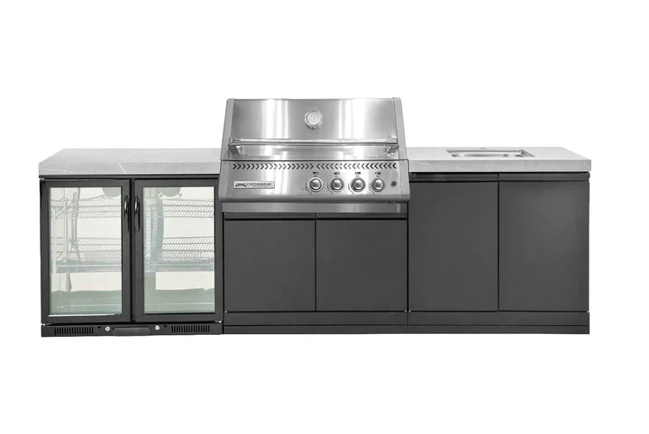 Crossray Xplor Grey Outdoor Kitchen 4 Burner BBQ, Double Door Fridge, Storage & Sink