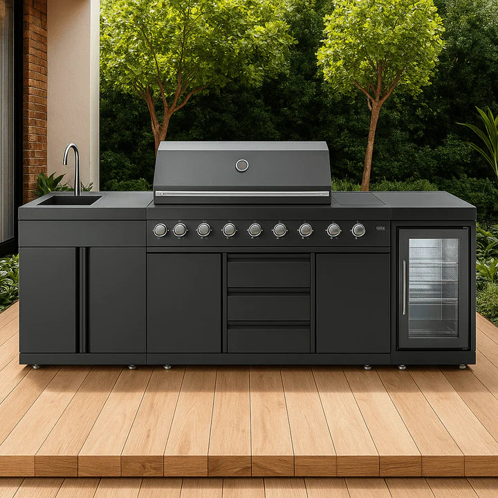 Gasmate Saturn Kitchen with 6 Burner BBQ Sink Module & Single Drinks Fridge - Charcoal