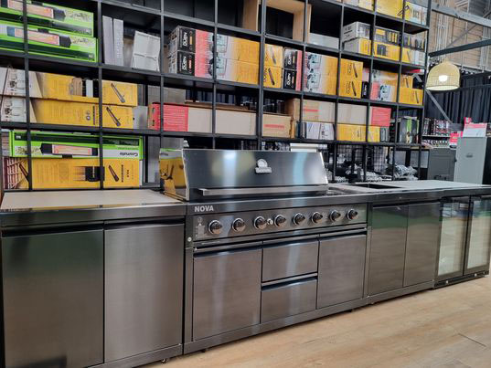 Gasmate Nova Graphite Outdoor Kitchen 6 Burner BBQ with Double Door Fridge + Top and Storage