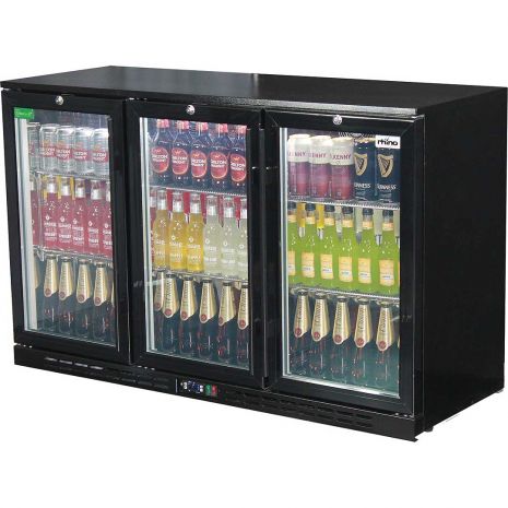 Rhino 330 Litre Commercial Glass 3 Door Bar Fridge - SG3H-B