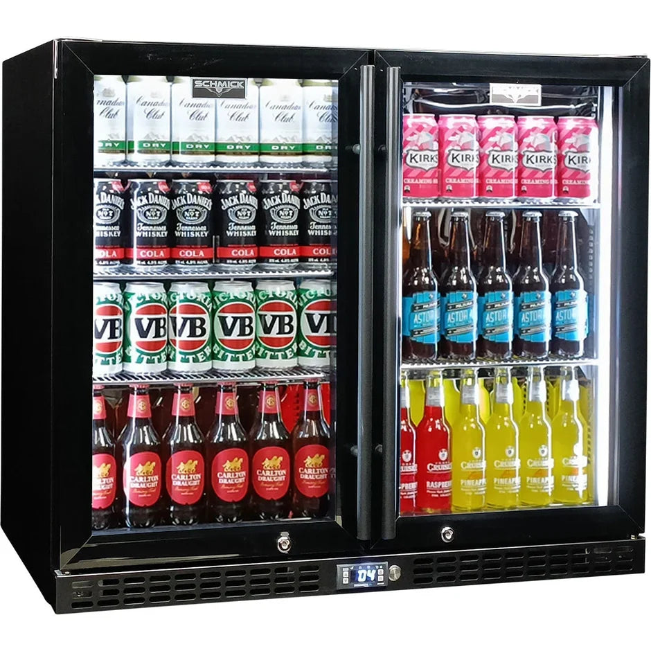 Schmick Twin Door Quiet Running Low Height Black Triple Glazed Glass Door Bar Fridge -SK206-B