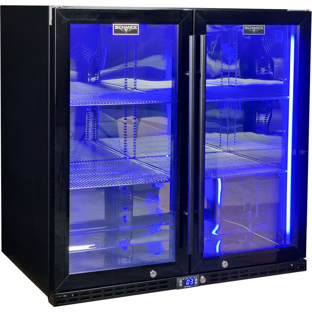 Schmick Black Quiet Running Front Venting Under Bench Triple Glazed 2 Door Bar Fridge Model SK245-B-HD