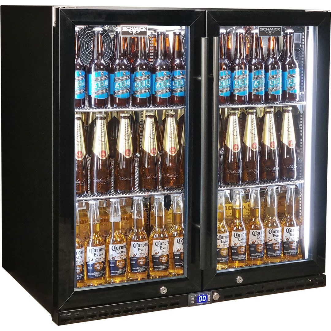 Schmick Black Quiet Running Front Venting Under Bench Triple Glazed 2 Door Bar Fridge Model SK245-B-HD