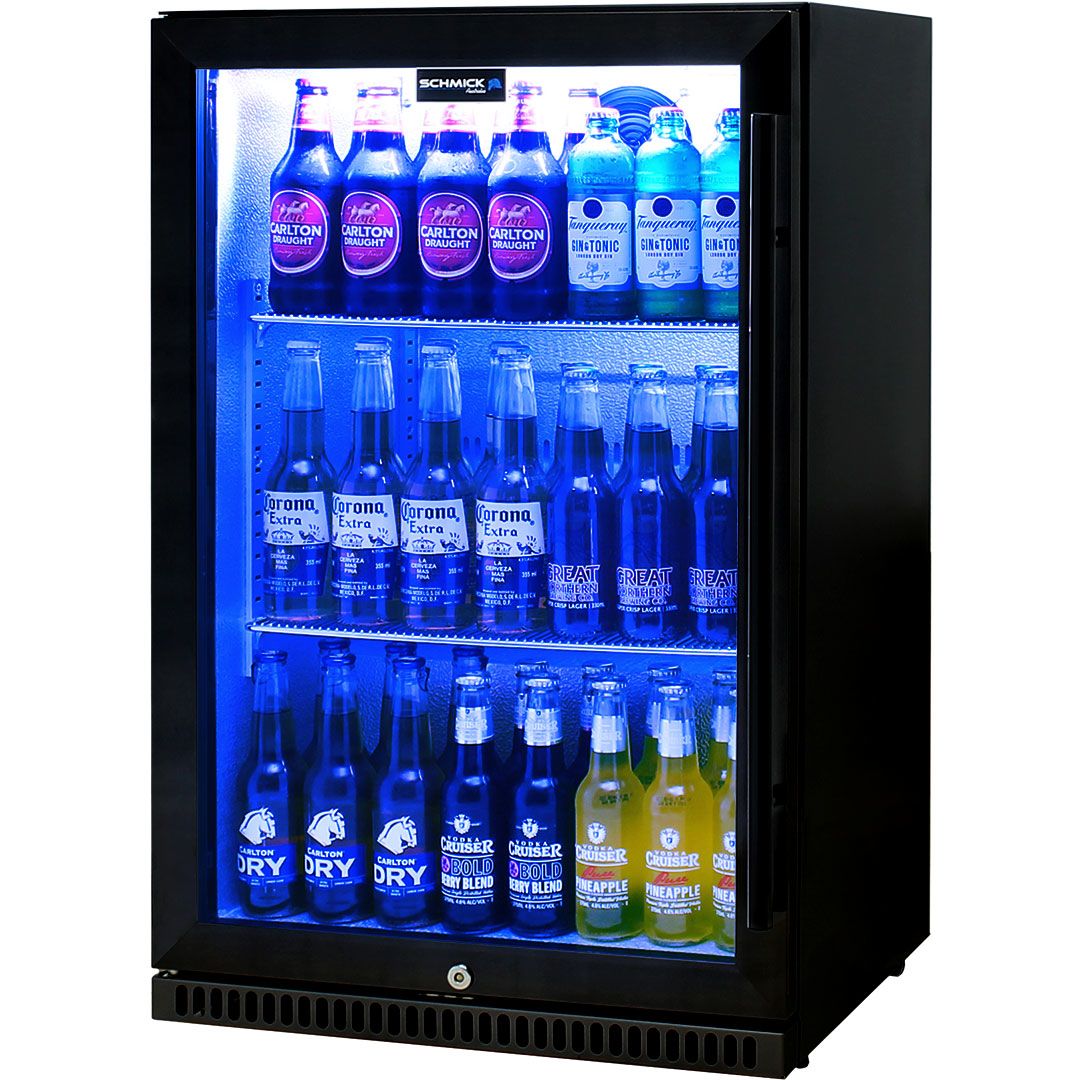 Schmick Black Bar Fridge Tropical Rated With Heated Glass and Triple Glazing 1 Door Model SK118L-B