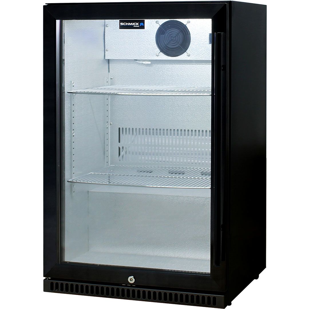 Schmick Black Bar Fridge Tropical Rated With Heated Glass and Triple Glazing 1 Door Model SK118L-B
