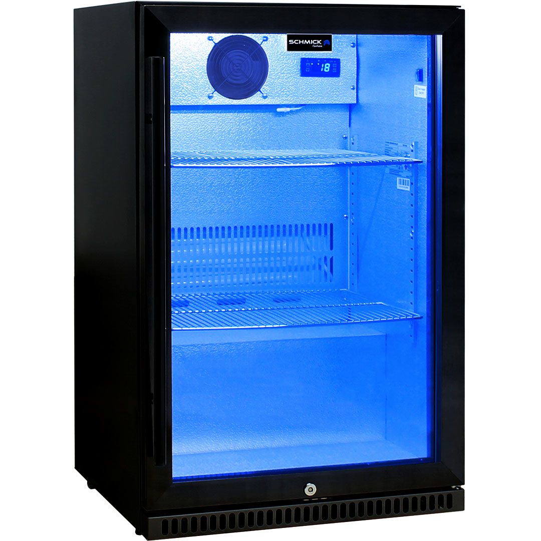 Schmick Black Bar Fridge Tropical Rated With Heated Glass and Triple Glazing 1 Door Model SK118R-B