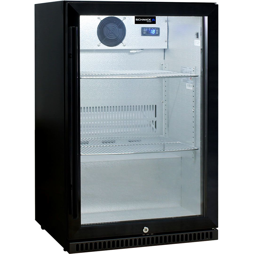 Schmick Black Bar Fridge Tropical Rated With Heated Glass and Triple Glazing 1 Door Model SK118R-B