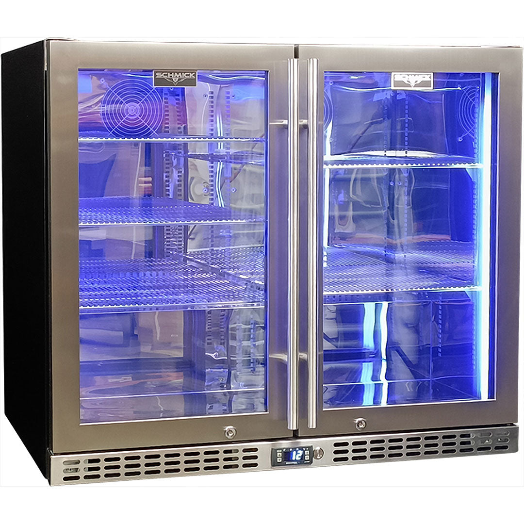 Schmick 233 Litre Twin Triple Glazed Glass Door Low Height Stainless Steel Bar Fridge - SK206-SS