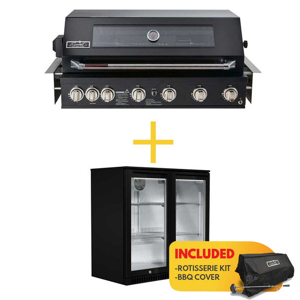 Smart Black 6 Burner Built-In BBQ and Smart 190L Outdoor Drinks Chiller With Heated Glass Door in Black