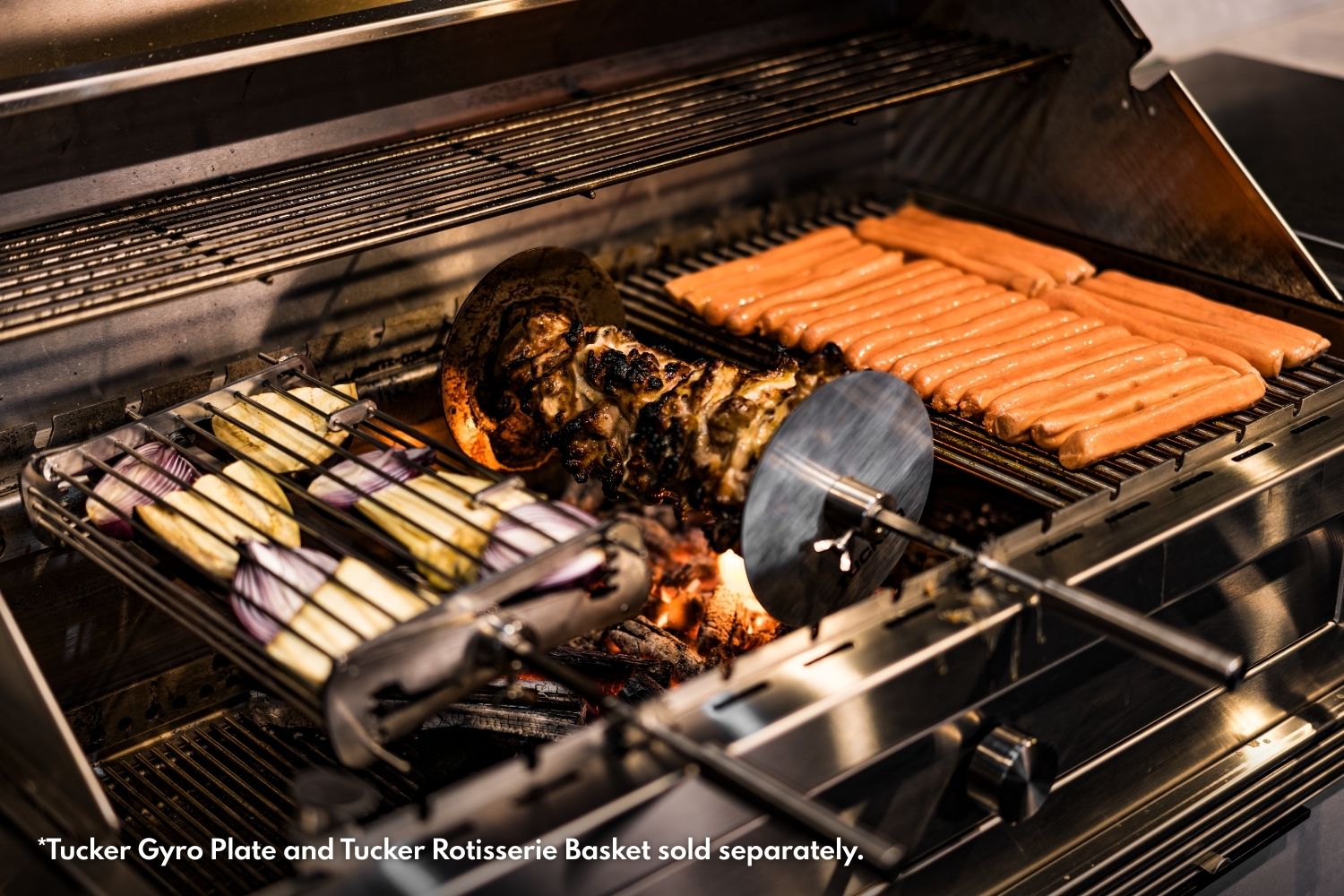 Tucker Charcoal Deluxe Pro Gyro Plate and Rotisserie Basket Full Setup