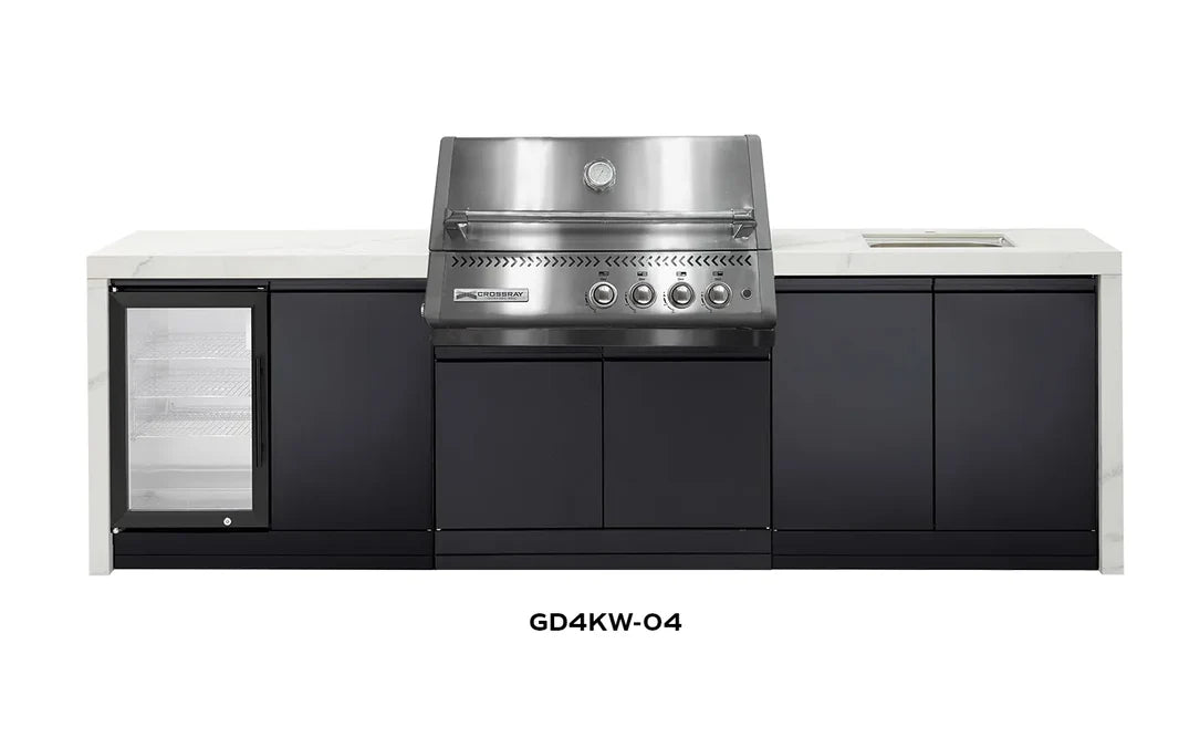 Crossray Xplor Outdoor Kitchen 4 Burner BBQ Single Fridge Sink & Double Side Cabinets