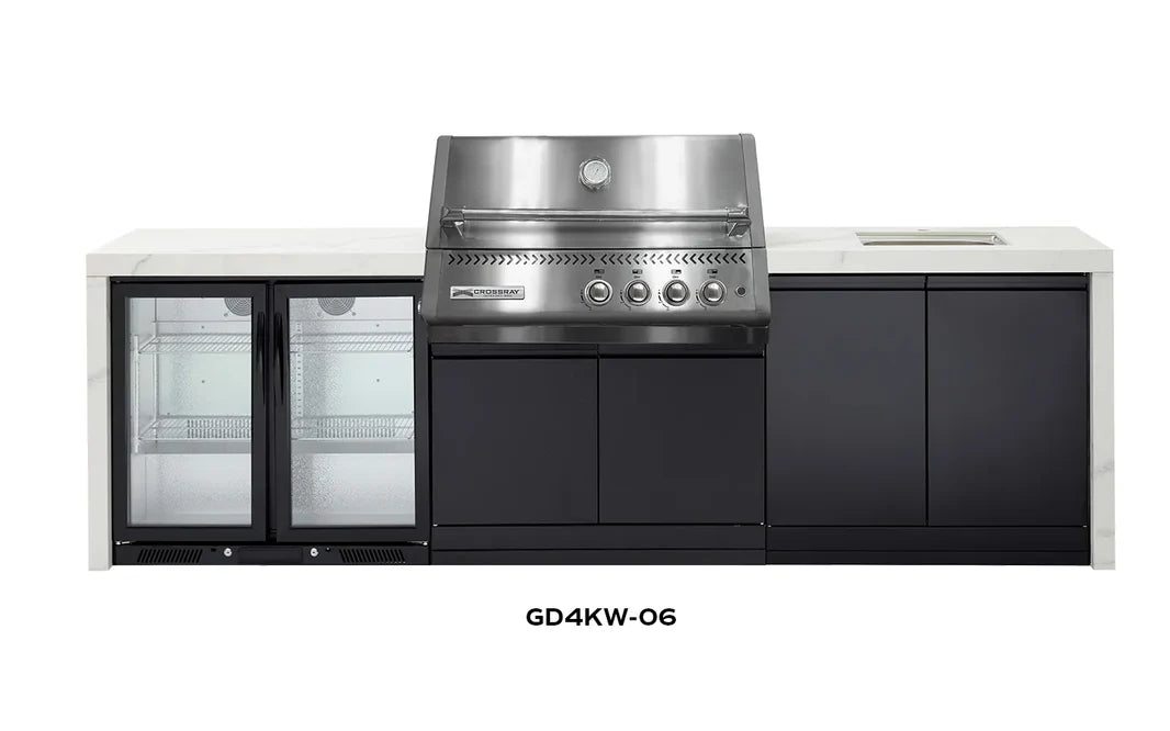 Crossray Xplor Outdoor Kitchen 4 Burner BBQ Double Fridge & Double Side Cabinets
