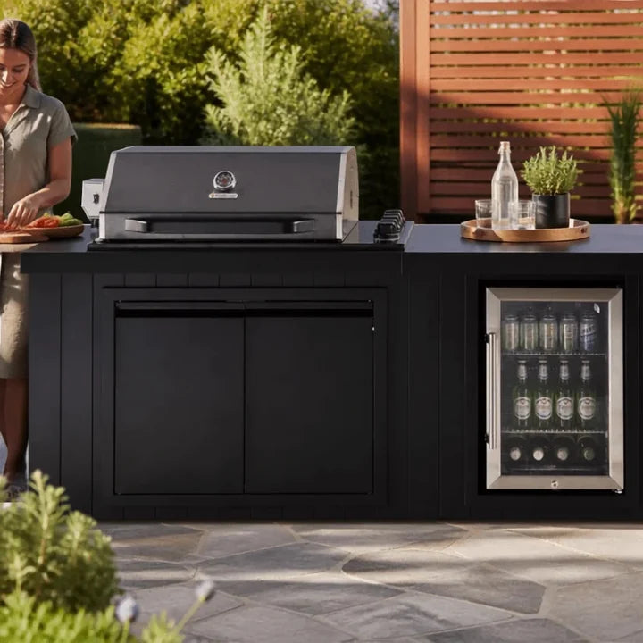 Bossworx Outdoor Kitchen with Black Stainless Steel 4 Burner BBQ & Fridge