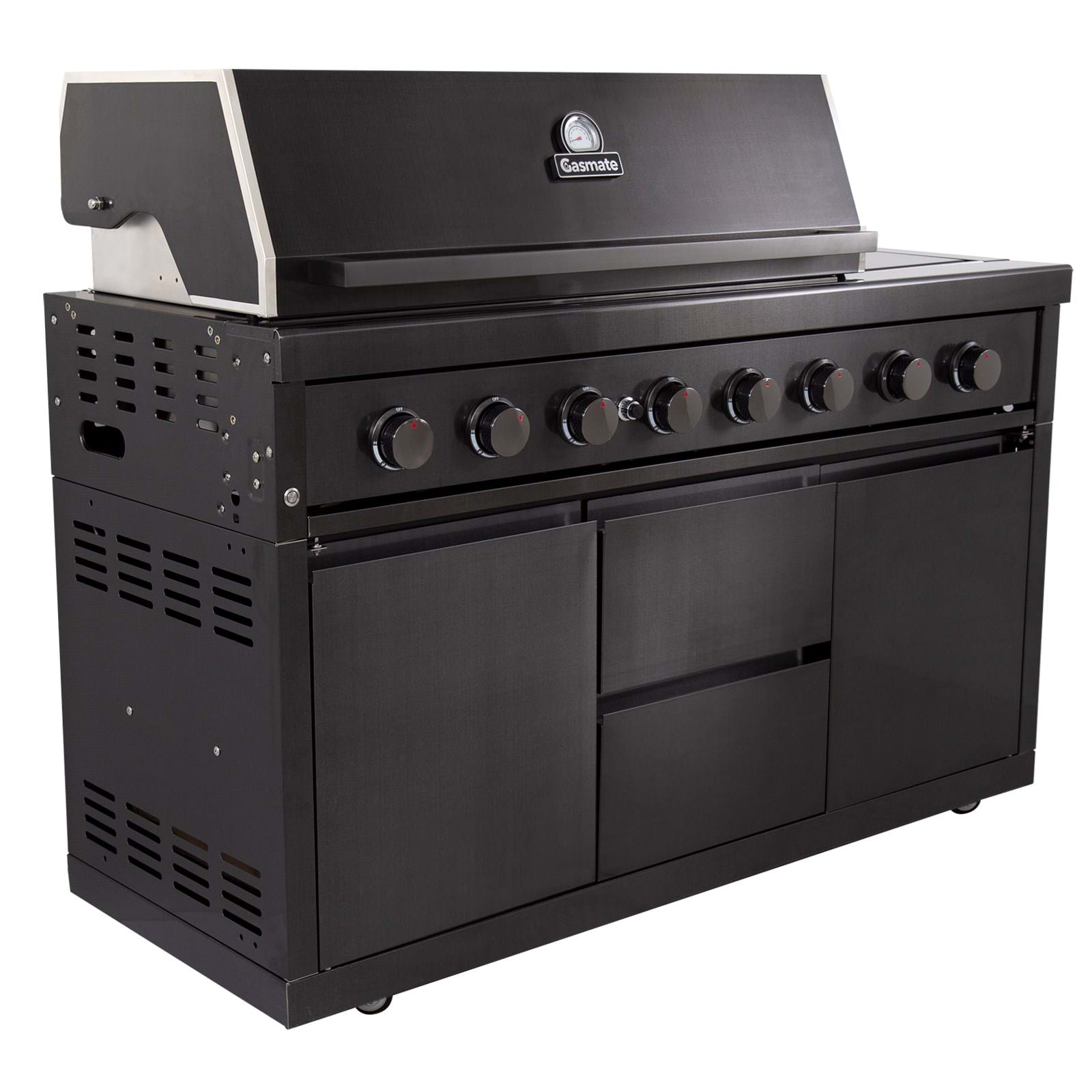 Gasmate Nova Graphite Outdoor Kitchen with Drawers, Sink, BBQ, Single Door Fridge + Top and Storage