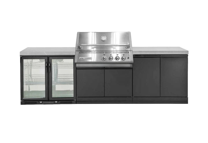 Crossray Xplor Grey Outdoor Kitchen 4 Burner BBQ, Double Door Fridge & Storage