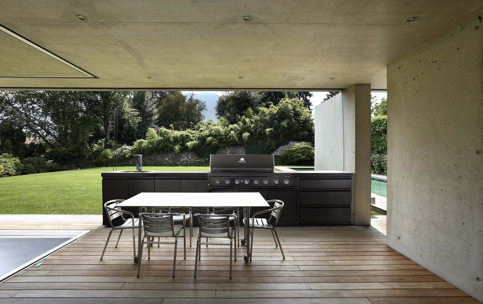 Gasmate Nova Graphite Outdoor Kitchen with Sink, 6 Burner BBQ and Double Door Fridge + Top