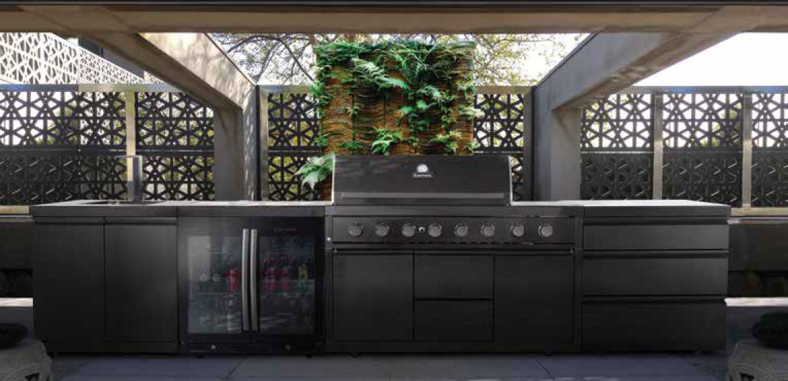 Gasmate Nova Graphite Outdoor Kitchen with Storage, Double Door Fridge + Top, BBQ, Sink and Drawers