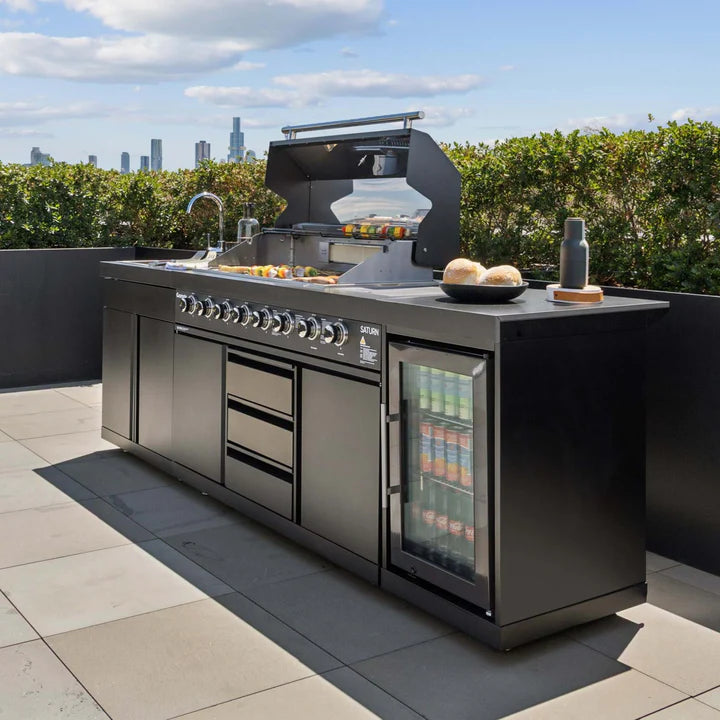 Gasmate Saturn Kitchen with 6 Burner BBQ Sink Module & Single Drinks Fridge - Charcoal
