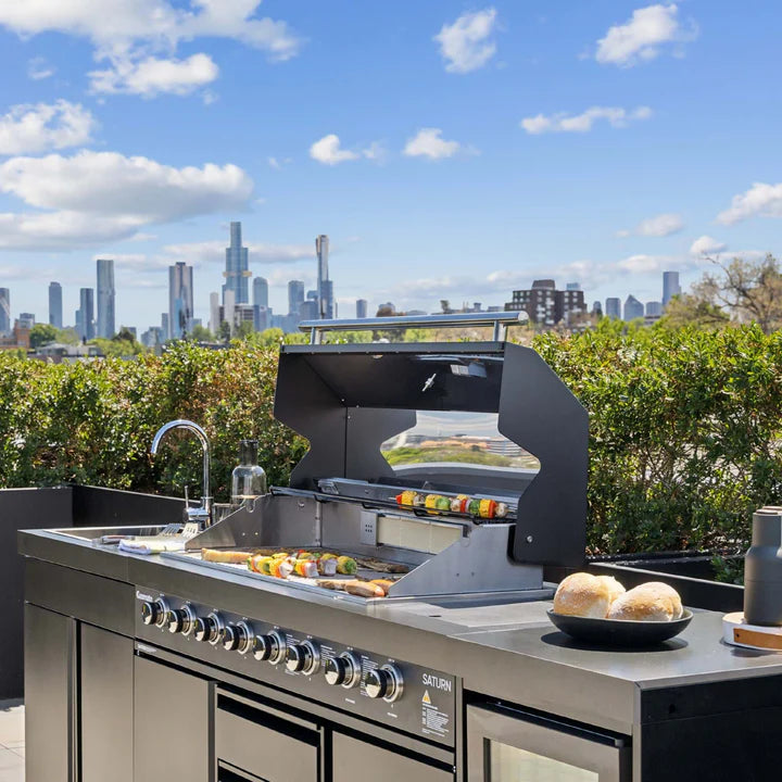 Gasmate Saturn Kitchen with 6 Burner BBQ Sink Module & Single Drinks Fridge - Charcoal
