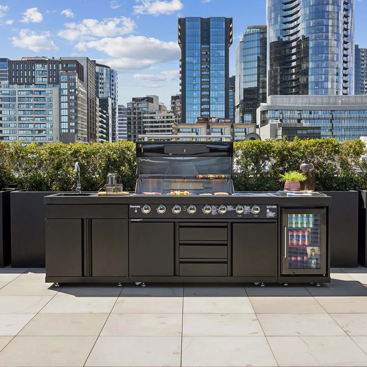 Gasmate Saturn Kitchen with 6 Burner BBQ Sink Module & Single Drinks Fridge - Charcoal