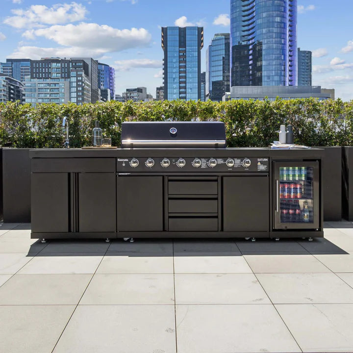 Gasmate Saturn Kitchen with 6 Burner BBQ Sink Module & Single Drinks Fridge - Charcoal
