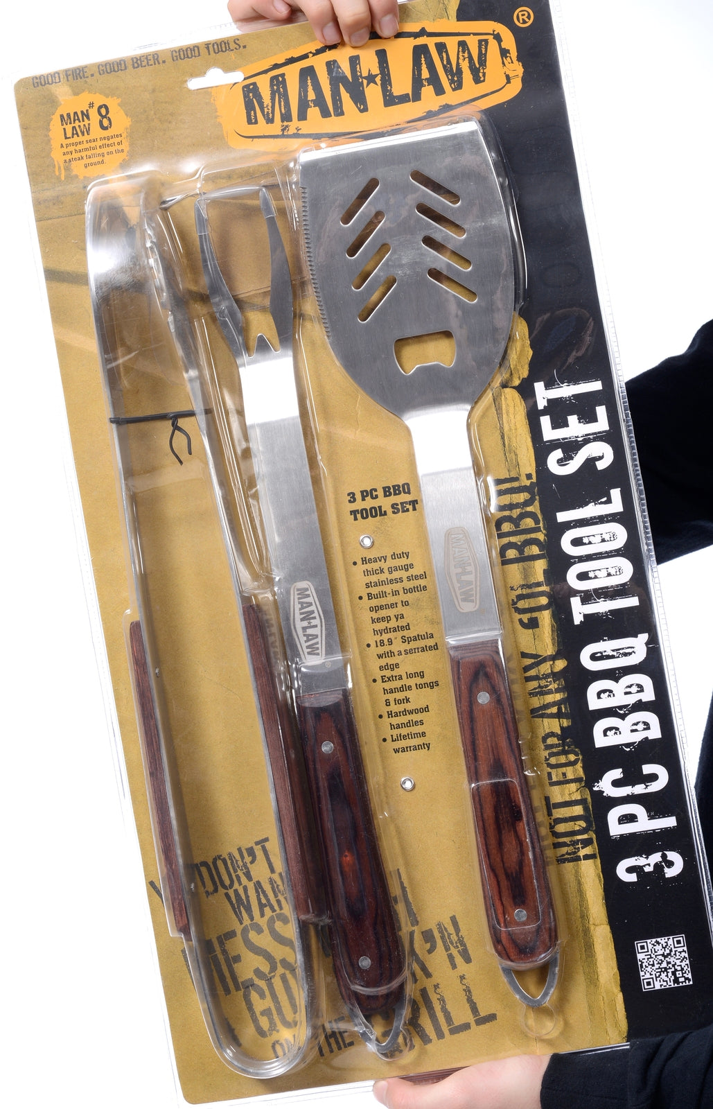 Man Law 3 Piece Premium Oakwood BBQ Tool Set
