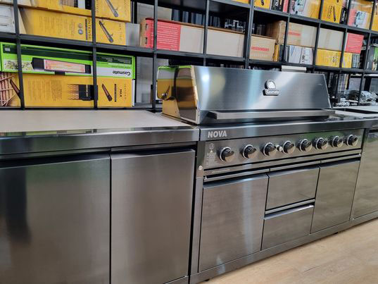 Gasmate Nova Graphite Outdoor Kitchen with Storage, Double Door Fridge + Top, BBQ, Sink and Drawers