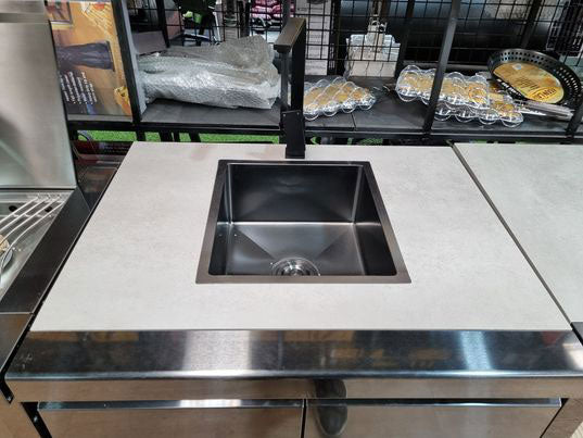 Gasmate Nova Graphite Outdoor Kitchen with Storage, Double Door Fridge + Top, BBQ, Sink and Drawers